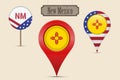 New Mexico US state round flag. Map pin, red map marker, location pointer. Hanging wood sign. Vector illustration Royalty Free Stock Photo