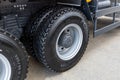 New Michelin X Works radial tubeless truck tires on the rear axle of the truck. Moscow, Russia - May 25, 2021