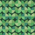 Mid century modern seamless pattern with geometric shapes in green and dark blue over black background.