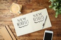 New mindset and new results text on notebook on wooden table with coffee cup and smartphone Business concept of positive thinking Royalty Free Stock Photo