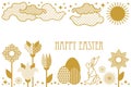 Happy Easter card with rabbit, blooming spring flowers, clouds and ornate eggs.
