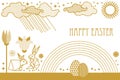 Happy Easter card with hare, blooming spring flowers, rainbow, sun, clouds and ornate eggs. Royalty Free Stock Photo