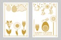 Happy Easter cards set with rabbit, blooming tulips, wildflowers and ornate eggs.