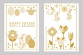 Happy Easter cards set with rabbit, blooming tulips, wildflowers and ornate eggs.