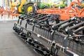 New, modern agricultural machinery. Stubble cultivator close-up. Agricultural machinery in agricultural fair Royalty Free Stock Photo