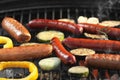 New modern barbecue grill with tasty  and vegetables, closeup Royalty Free Stock Photo