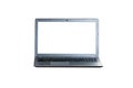 New modern black laptop isolated on white with white blank display. Portable computer digital device mock-up Royalty Free Stock Photo