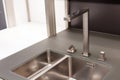 New modern black and white kitchen with chrome water tap and rectangular designer kitchen sink. Royalty Free Stock Photo