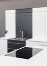 New modern black and white kitchen with chrome water tap and rectangular designer kitchen sink. Royalty Free Stock Photo