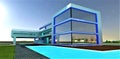 A new modern boutique hotel in minimalist style. Abundant glass and blue illumination. Marvelous pool with refreshing turquoise