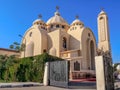 New modern El Sama-eyeen Coptic Orthodox Church, outside view. Entrance to the