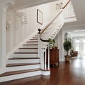 New modern empty house with wooden stairs, Interior of stylish house corridor, entry, staircase luxury home, wood floor empty Royalty Free Stock Photo