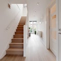 New modern empty house with wooden stairs, Interior of stylish house corridor, entry, staircase luxury home, wood floor empty