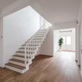 New modern empty house with wooden stairs, Interior of stylish house corridor, entry, staircase luxury home, wood floor empty