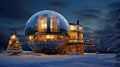 A new modern glass house in the shape of a ball, illuminated by the light of lamps and lights of Christmas lights