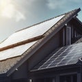 Modern home with solar panels on the roof under a bright sky, generative AI Royalty Free Stock Photo