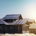 Modern home with solar panels on the roof under a bright sky, generative AI Royalty Free Stock Photo