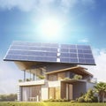 Modern home with solar panels on the roof under a bright sky, generative AI Royalty Free Stock Photo