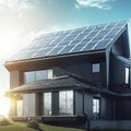 Modern home with solar panels on the roof under a bright sky, generative AI Royalty Free Stock Photo