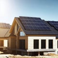 Modern home with solar panels on the roof under a bright sky, generative AI Royalty Free Stock Photo