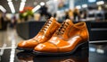 New modern men leather shoes, elegant and shiny, in a boutique generated by AI Royalty Free Stock Photo