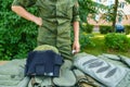 A new modern protective suit and helmet for clearing a minefield. Bulletproof vest to protect the life of a military man. Combined Royalty Free Stock Photo