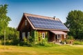 Modern residential house cottage with blue solar photo voltaic panels system on roof.Renewable green energy concept.