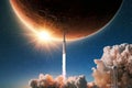 New modern rocket successfully takes off to the red planet Mars with the sunlight. Spaceship rocket launches into the starry sky Royalty Free Stock Photo