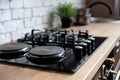 New stove with gas and electric burners in kitchen Royalty Free Stock Photo