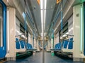 New modern subway metro train inside interior, empty public transport