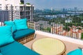 New modern terrace, balcony on roof of high rise building with beautiful view of cityscape.