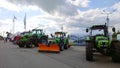 New modern tractors Deutz Fahr with in agricultural machinery exhibition. Farmer business and industry. Manufacturing equipment fo