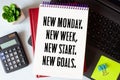 New Monday New Goals Concept on office desktop top view with office supplies