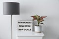New Monday, New Week, New Goals - motivational quote. Houseplant and lightbox with has text on table indoors Royalty Free Stock Photo