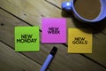 New Monday New Week New Goals text on sticky notes isolated on table background