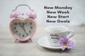 New Monday. New week. New start. New Goals. Monday inspirational motivational quote concept with cup of morning coffee on the desk Royalty Free Stock Photo