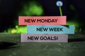 New Monday, New Week, New Goals! on the sticky notes with bokeh background Royalty Free Stock Photo