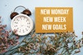 New Monday New Week New Goals  word with alarm clock on blue background Royalty Free Stock Photo