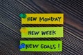 New Monday, New Week, New Goals! write on sticky notes isolated on Wooden Table