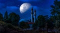 Night sky and moon. Mosque against the background of sunset Royalty Free Stock Photo