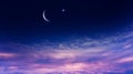 New moon. Prayer time. Generous Ramadan. Mubarak background. A decline or rising with clouds.