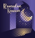 The new moon shines and the Arab window. Celebrating Ramadan. Siolas of the Muslim faith. Purple moonlit night. Window ornament on