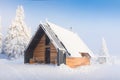 New mountain chalet on the top Velka Destna, Orlicke mountains, Eastern Bohemia, Czech Republic Beautiful winter landscape with fr Royalty Free Stock Photo