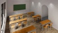 New normal classroom and spacing of tables and chairs to prevent the spread of coronavirus COVID-19. IEmpty classroom for teach