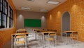 New normal classroom and spacing of tables and chairs to prevent the spread of coronavirus COVID-19. IEmpty classroom for teach Royalty Free Stock Photo