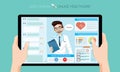New normal concept and physical distancing, Hands holding tablet to use online healthcare and medical consultation. Doctor video