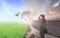 Woman standing between climate worsened with good atmosphere