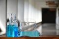 Sanitizer gel, faceshield and facemasks Royalty Free Stock Photo