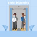 New normal life People in business outfits social distancing standing in Elevator on footprint sign