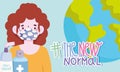 New normal lifestyle, girl with funny mask world and sanitize hands products